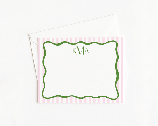 Pink Wavy Stripes Monogram Stationery