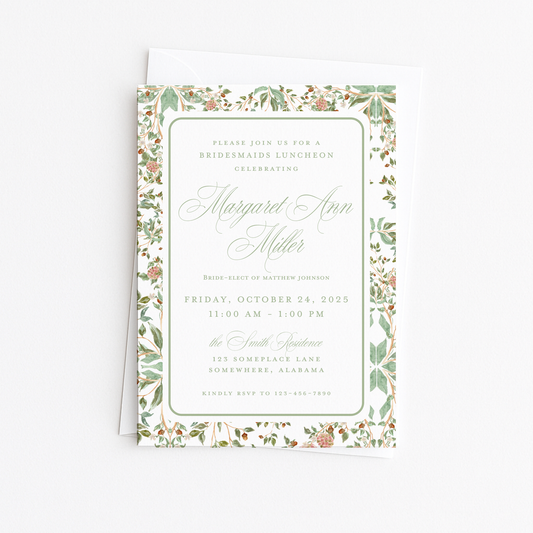 Green & Brown Toile Bridal Shower Invitation #2