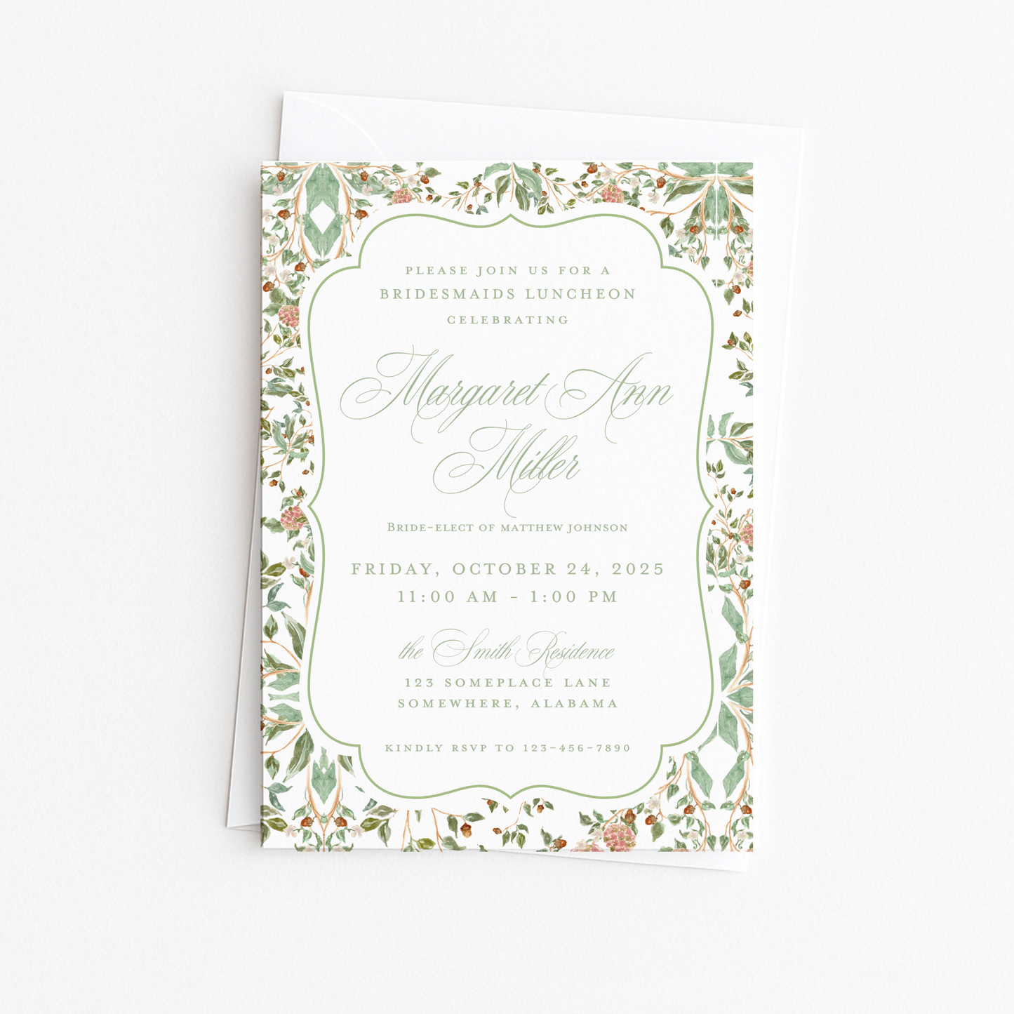 Green & Brown Toile Bridal Shower Invitation #3