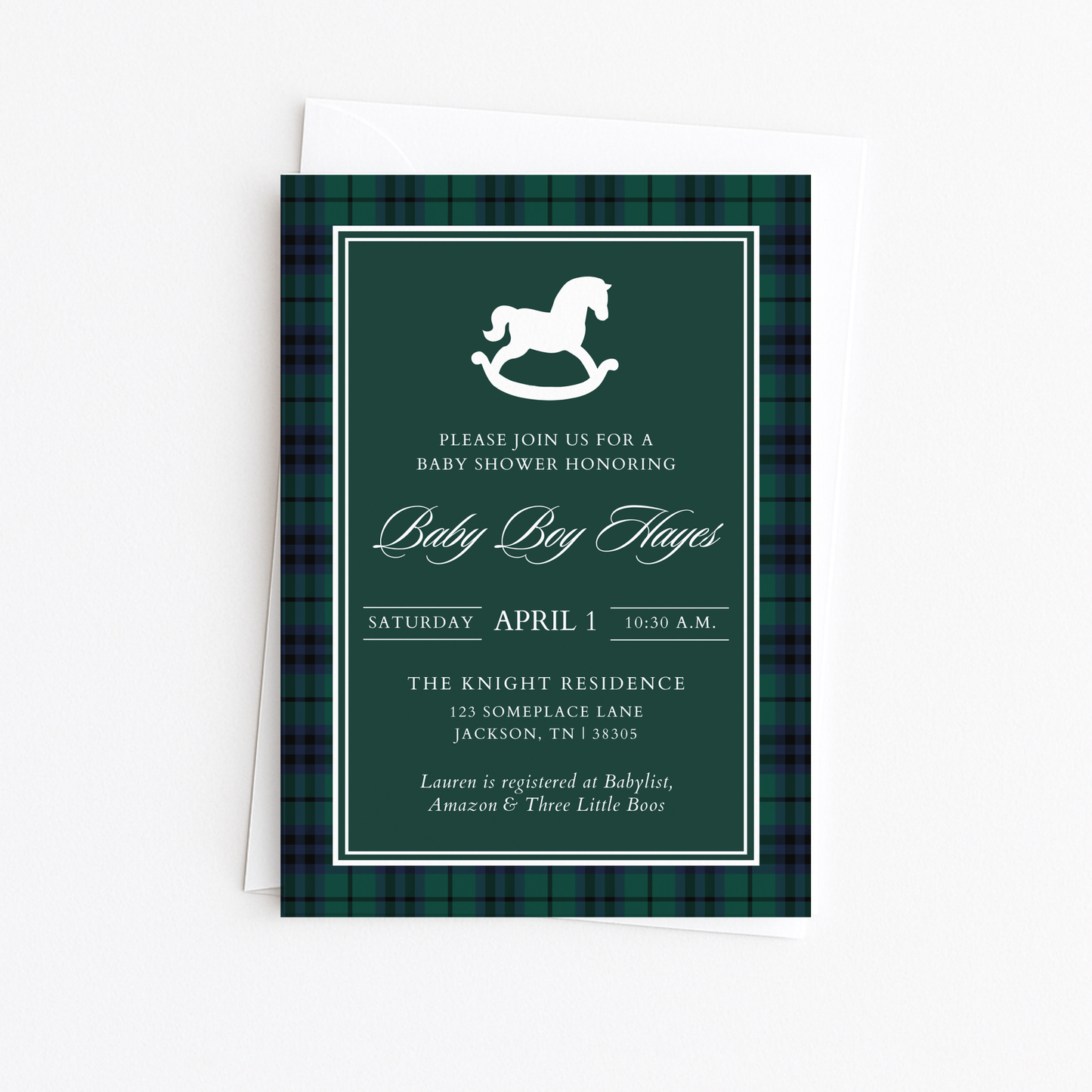 Green & Navy Plaid Rocking Horse Baby Shower Invitation