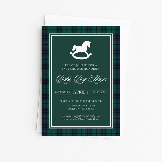 Green & Navy Plaid Rocking Horse Baby Shower Invitation
