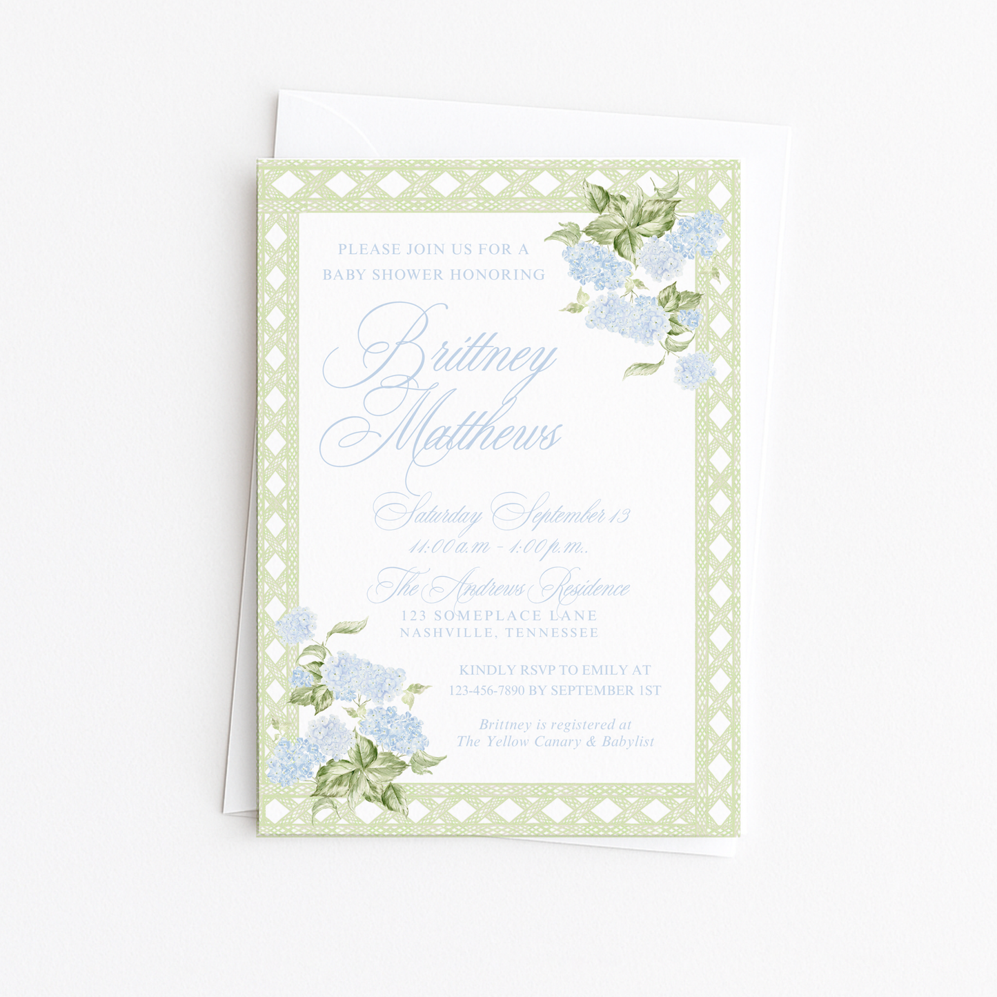 Green Rattan Border Hydrangea Baby Shower Invitation