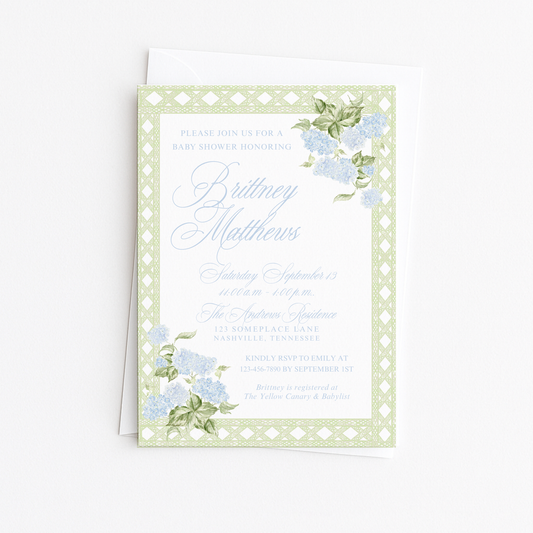 Green Rattan Border Hydrangea Baby Shower Invitation