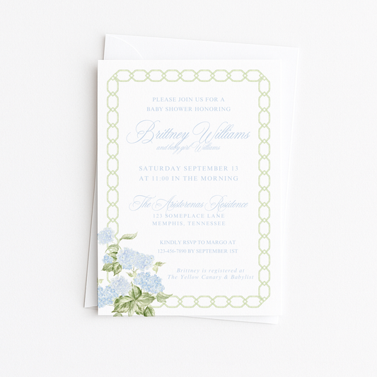 Green Border Hydrangea Baby Shower Invitation