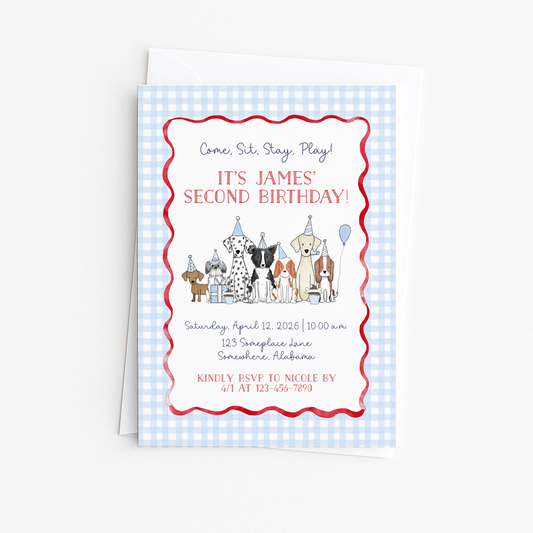 Gingham Puppy PAWTY Invitation #2
