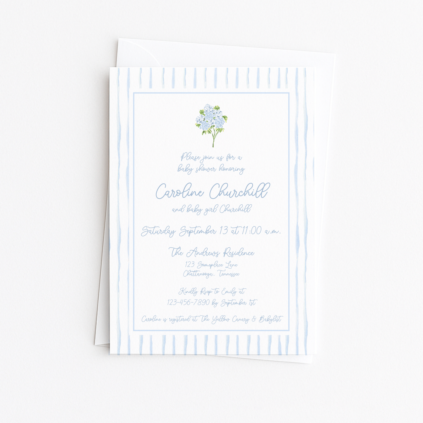 Blue Stripes Border Hydrangea Baby Shower Invitation