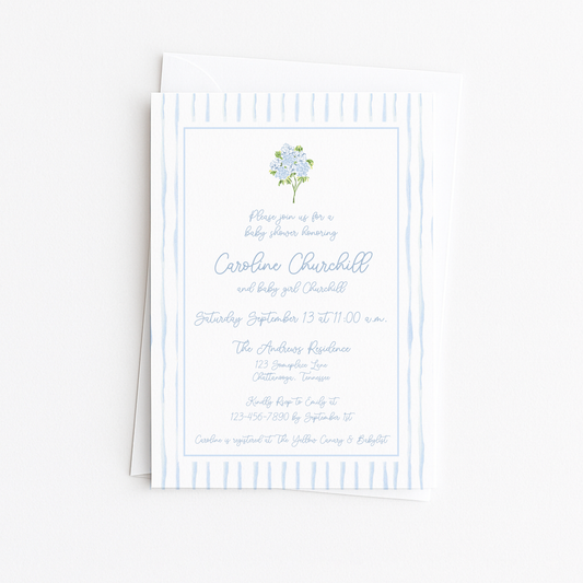 Blue Stripes Border Hydrangea Baby Shower Invitation