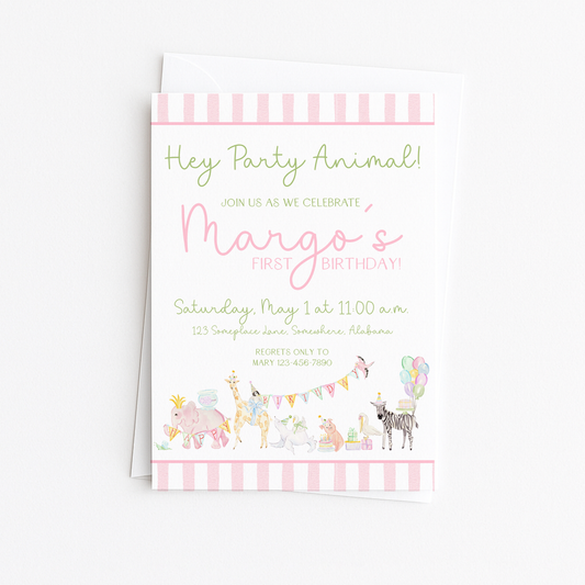Hey Party Animal Invitation - Pink, Green & Blue
