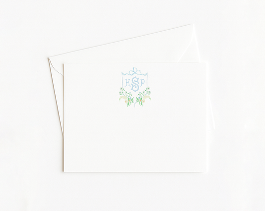 Blue Floral Crest Monogram Stationery