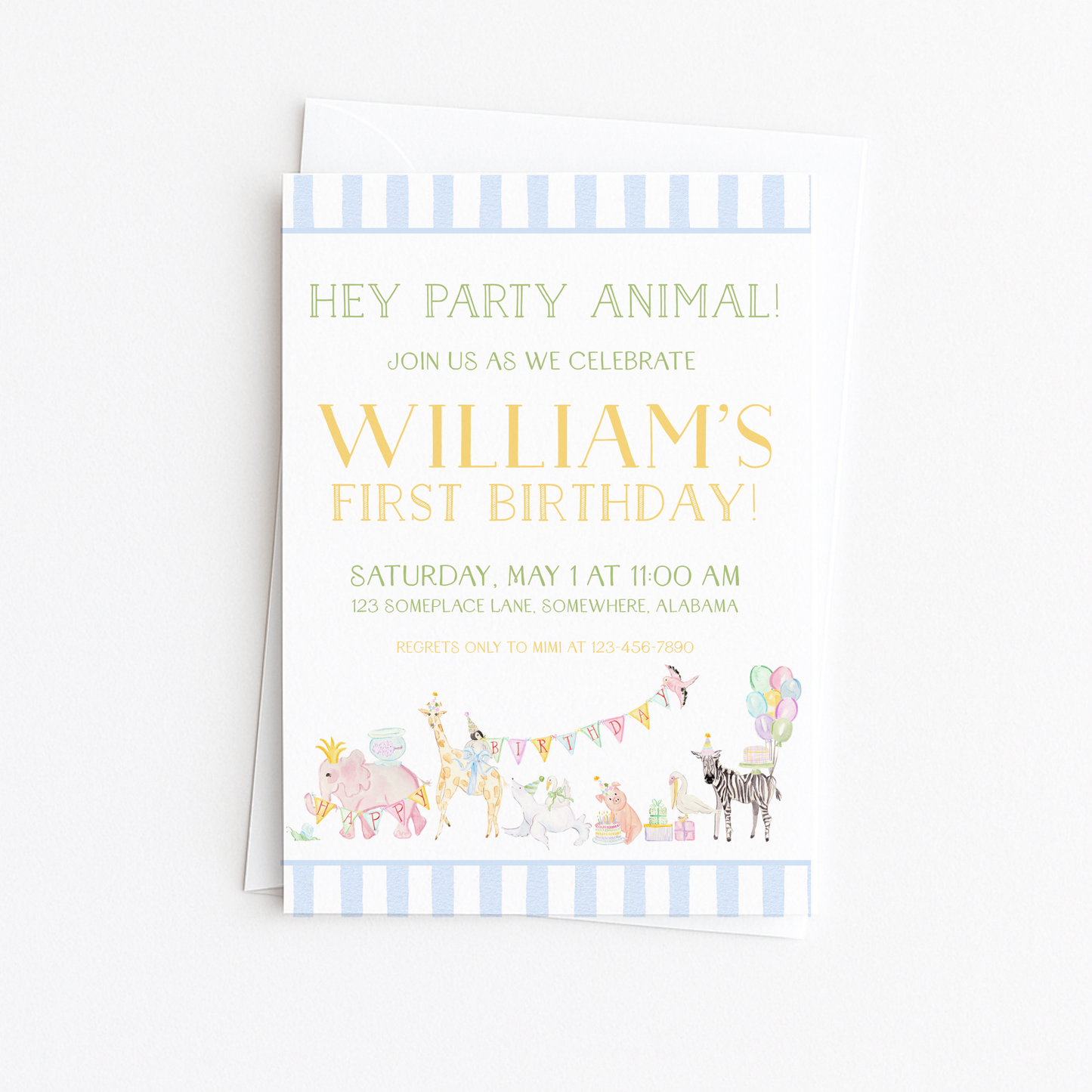 Hey Party Animal Invitation - Green, Blue, & Yellow