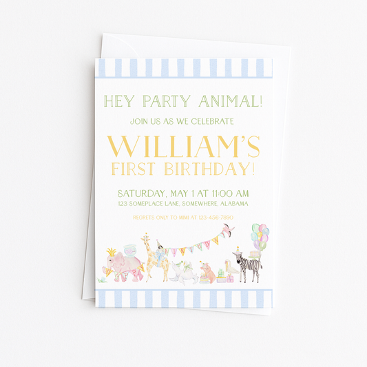 Hey Party Animal Invitation - Green, Blue, & Yellow