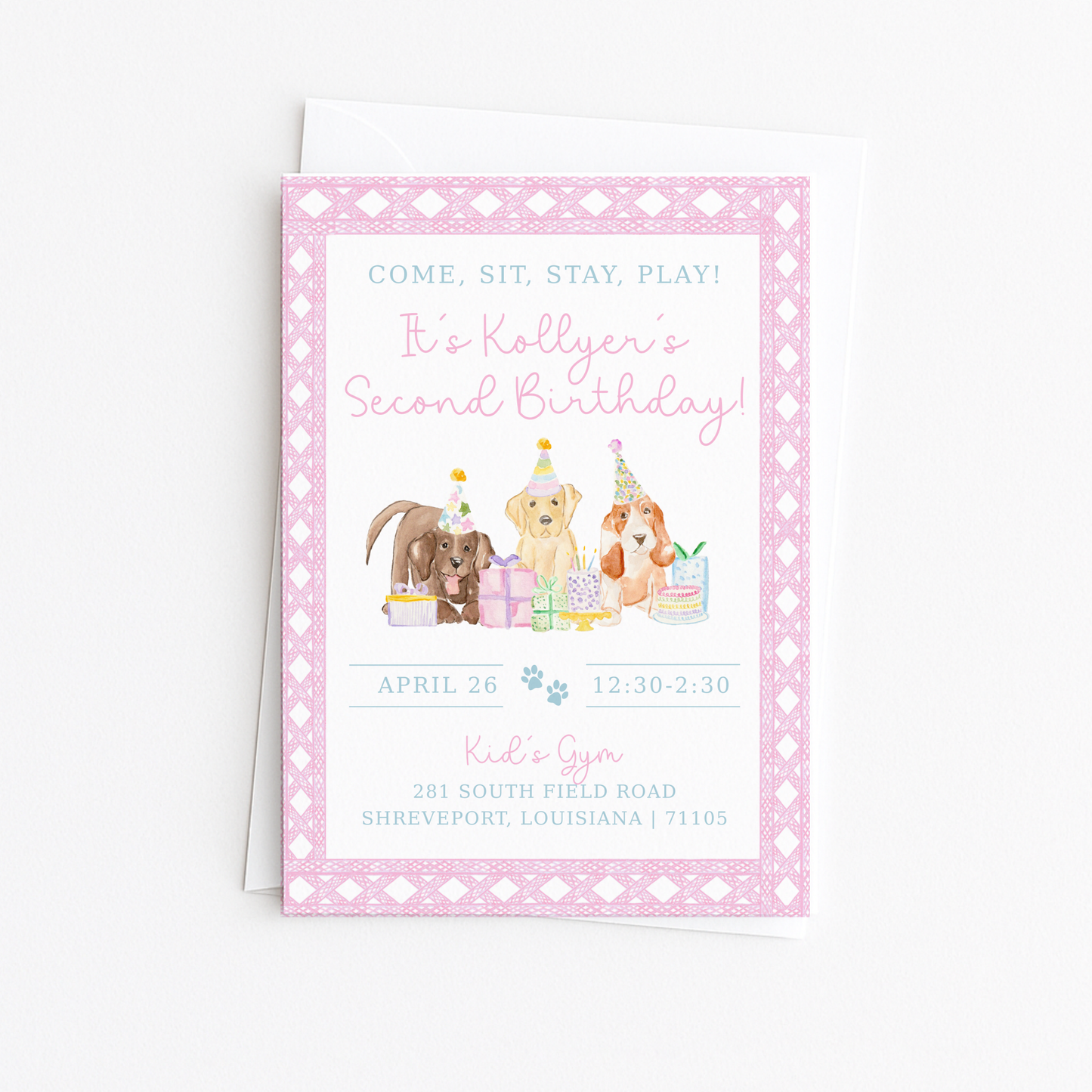 Come, Sit, Stay, Play - Pink Rattan Border Invitation