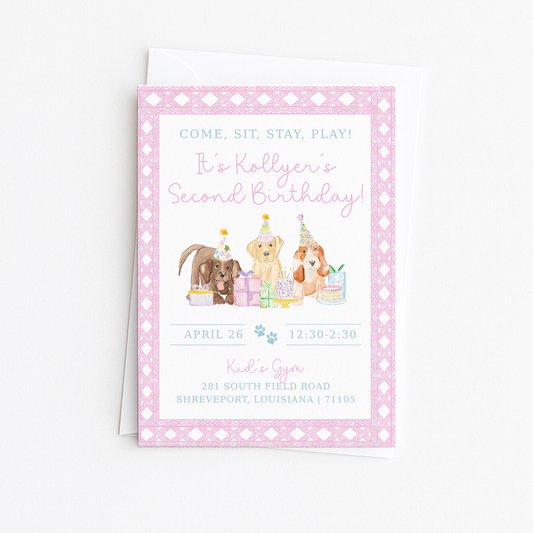 Come, Sit, Stay, Play - Pink Rattan Border Invitation