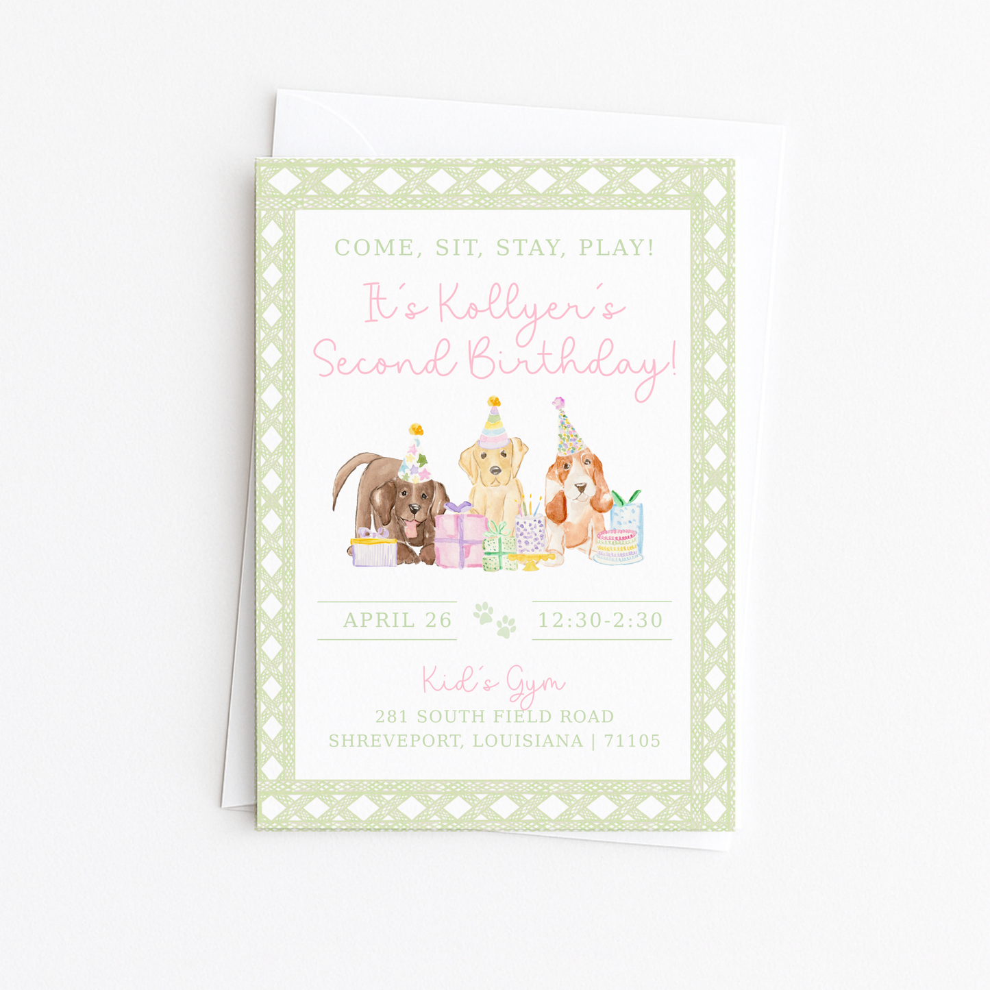 Come, Sit, Stay, Play - Green Rattan Border Invitation