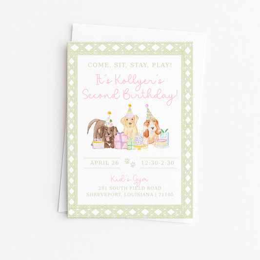 Come, Sit, Stay, Play - Green Rattan Border Invitation