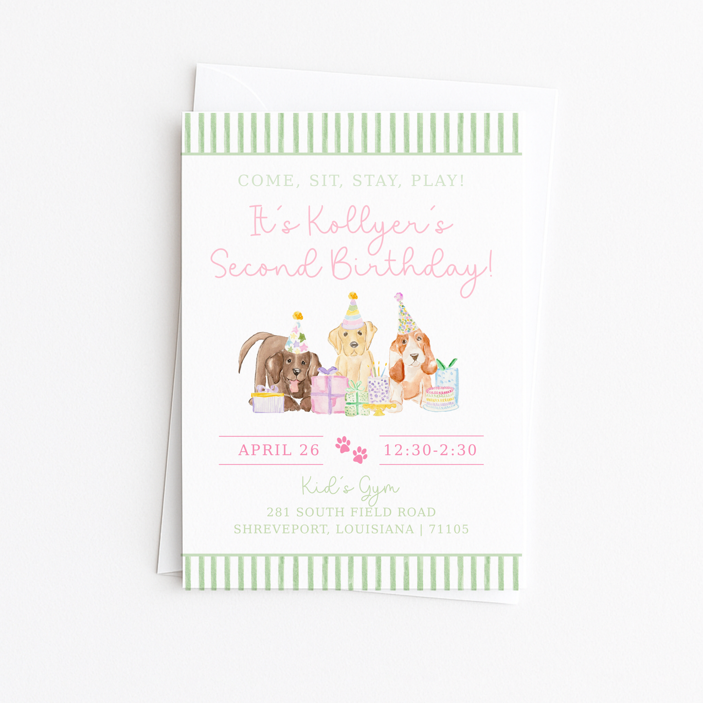 Come, Sit, Stay, Play - Green Stripes Border Invitation