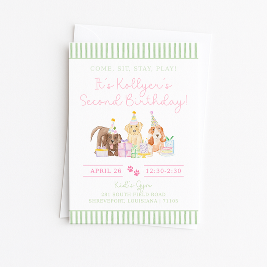 Come, Sit, Stay, Play - Green Stripes Border Invitation