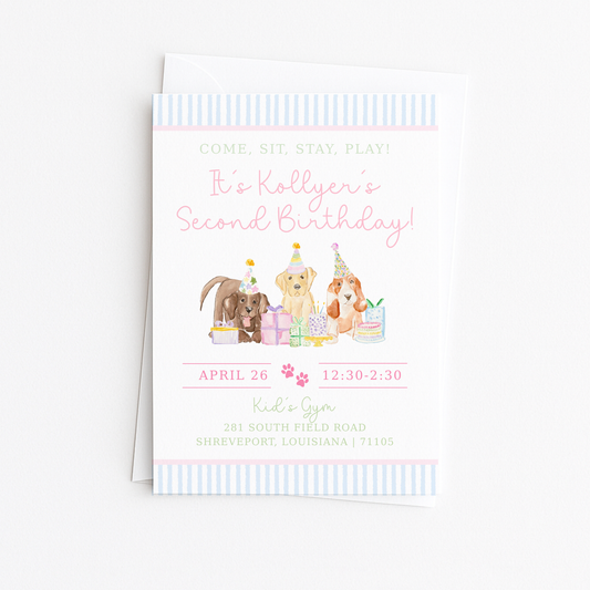 Come, Sit, Stay, Play - Blue Stripes Border Invitation