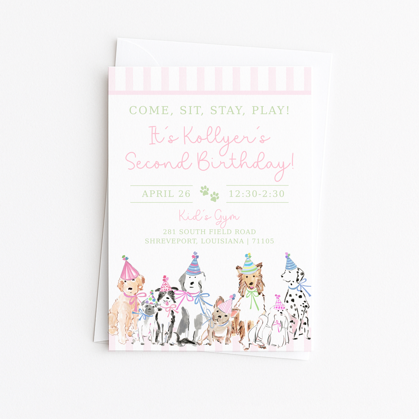 Come, Sit, Stay, Play - Pink Stripes Border Invitation