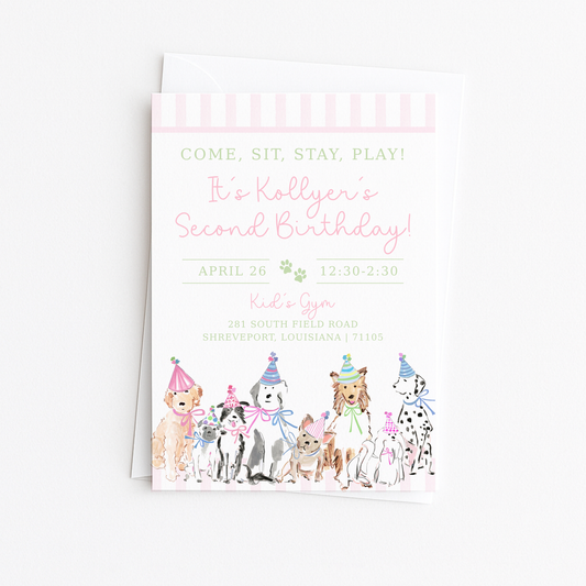 Come, Sit, Stay, Play - Pink Stripes Border Invitation
