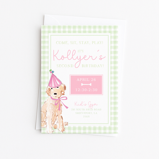 Come, Sit, Stay, Play - Green Gingham Border Invitation