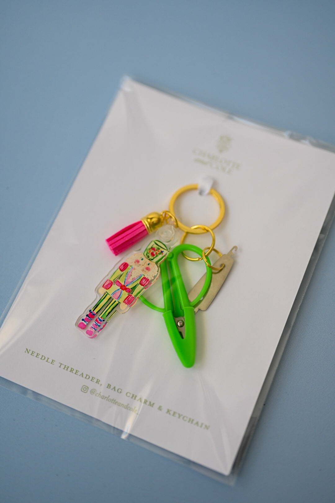 Pink & Green Nutcracker - Needlepoint Scissors & Needle Threader Keychain